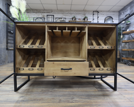 Black metal & rustic wood wine sideboard cabinet