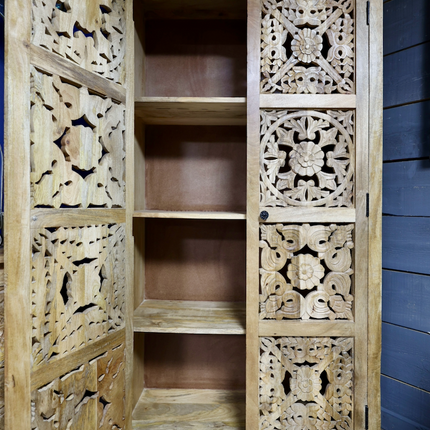 6ft tall ornate carved natural wood shelved storage cupboard