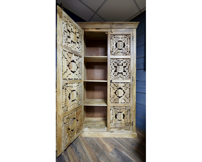 6ft tall ornate carved natural wood shelved storage cupboard