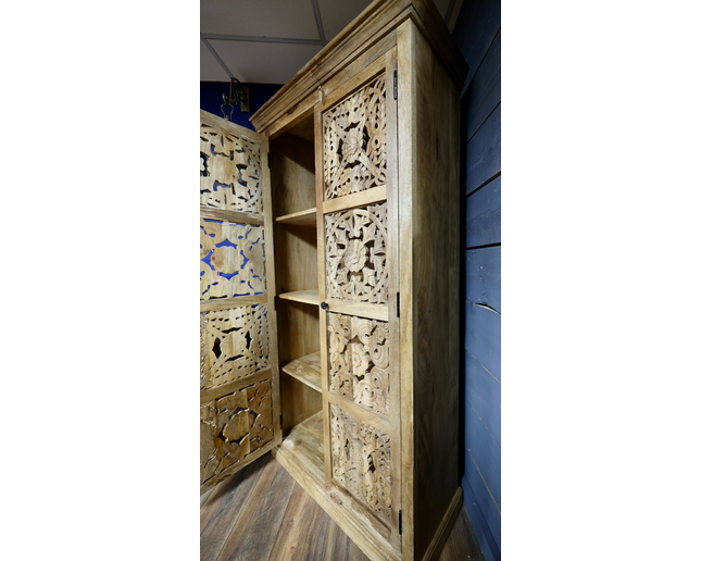 6ft tall ornate carved natural wood shelved storage cupboard