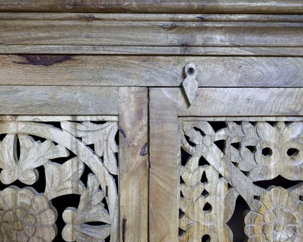 6ft tall ornate carved natural wood shelved storage cupboard