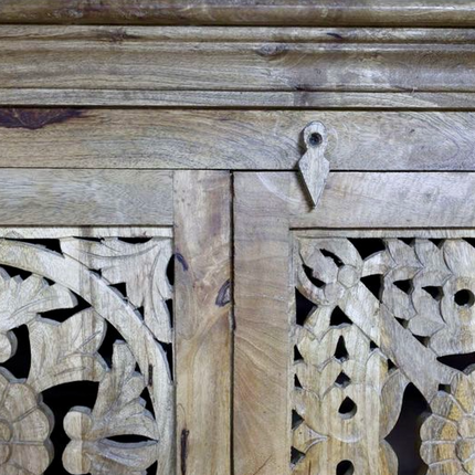 6ft tall ornate carved natural wood shelved storage cupboard