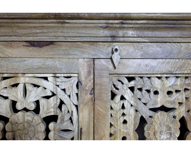 6ft tall ornate carved natural wood shelved storage cupboard