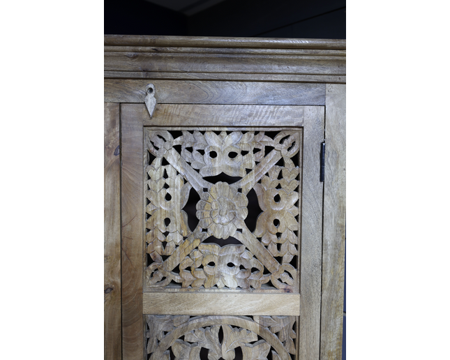 6ft tall ornate carved natural wood shelved storage cupboard