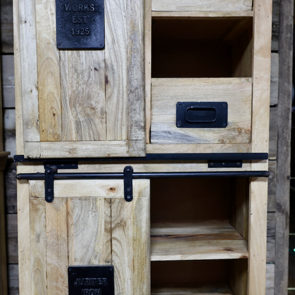 Tall wood & iron industrial storage cabinet