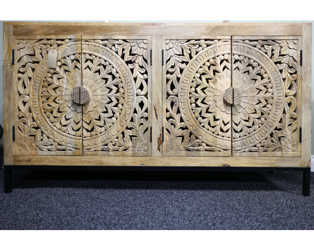 Large 4 door hand carved natural wood storage cabinet