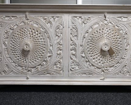 Artisan 6ft wide hand carved whitewash rustic wood sideboard cabinet.