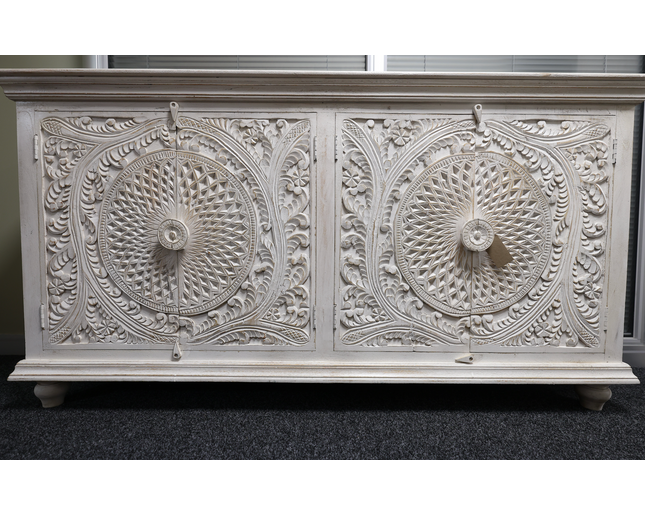 Artisan 6ft wide hand carved whitewash rustic wood sideboard cabinet.