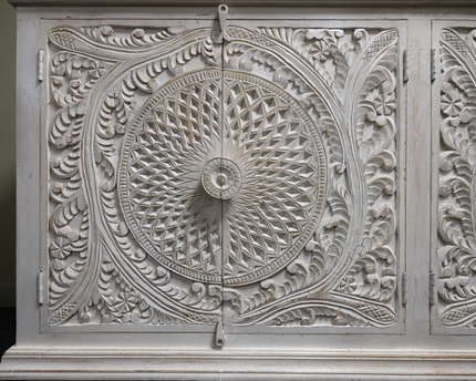 Artisan 6ft wide hand carved whitewash rustic wood sideboard cabinet.