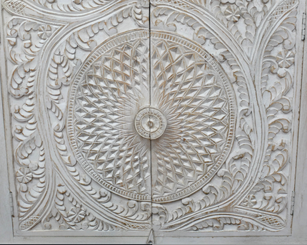 Artisan 6ft wide hand carved whitewash rustic wood sideboard cabinet.