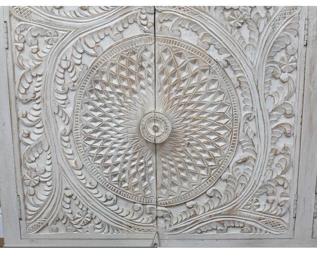 Artisan 6ft wide hand carved whitewash rustic wood sideboard cabinet.