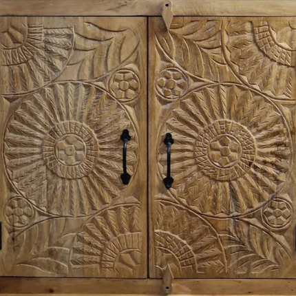 Natural wood ornate carved 2 door cupboard