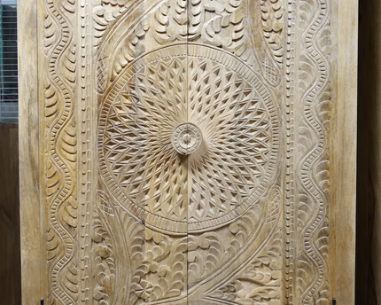 140cm natural wood ornate carved shelved storage cupboard - Back in stock September