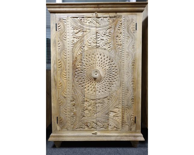 140cm natural wood ornate carved shelved storage cupboard - Back in stock September