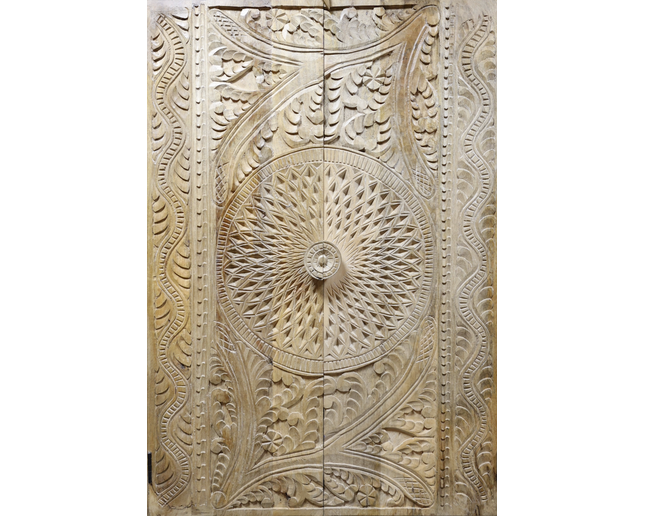 140cm natural wood ornate carved shelved storage cupboard - Back in stock September