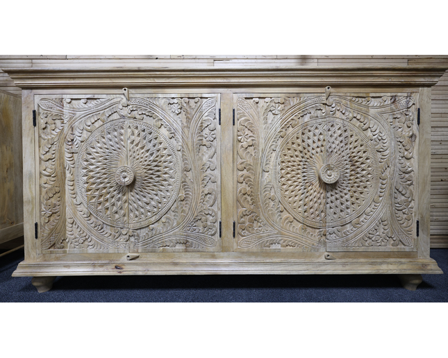 Artisan 6ft wide hand carved rustic natural wood sideboard cabinet