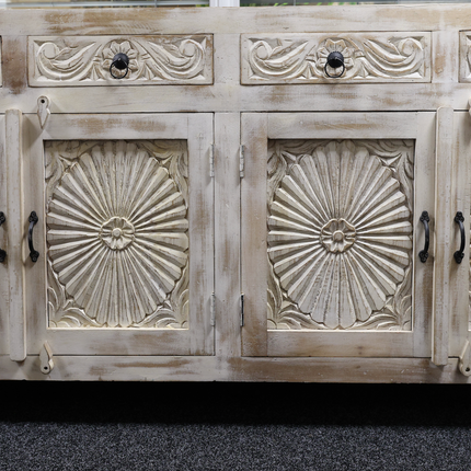 Large 4 door wood whitewash sideboard storage cabinet