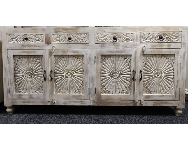 Large 4 door wood whitewash sideboard storage cabinet