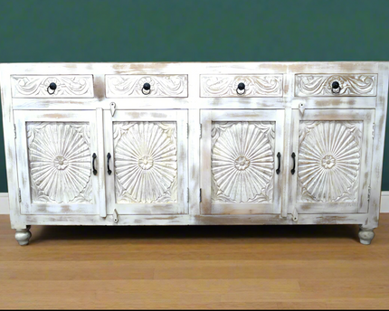 Large 4 door wood whitewash sideboard storage cabinet