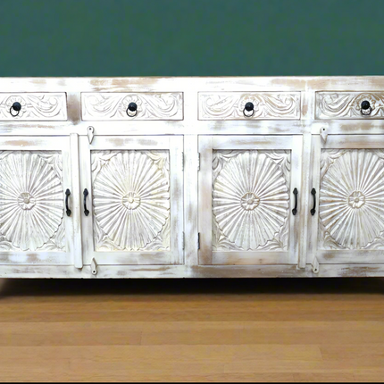 Large 4 door wood whitewash sideboard storage cabinet