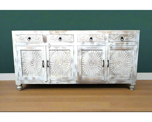 Large 4 door wood whitewash sideboard storage cabinet