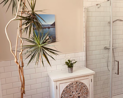 Bohemian rustic hand carved whitewashed storage cabinet