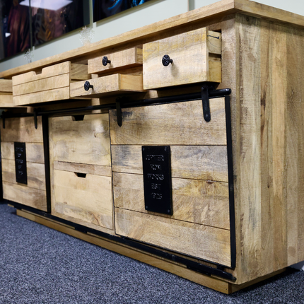 Large rustic solid wood & iron sideboard storage cabinet