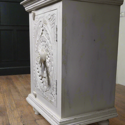 White carved wood ornate side cabinet