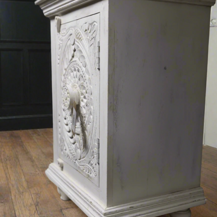 Pair of carved wood white ornate bedside cabinets.