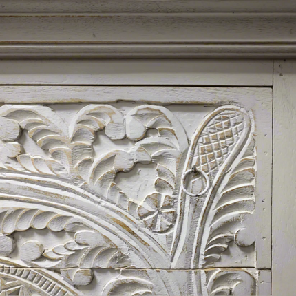 White ornate carved wood chest of 4 drawers