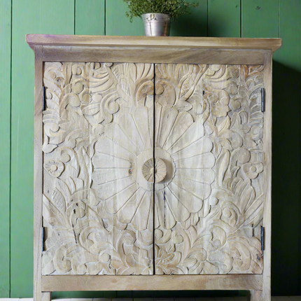 Rustic natural wood carved 2 door cupboard - Back in stock March