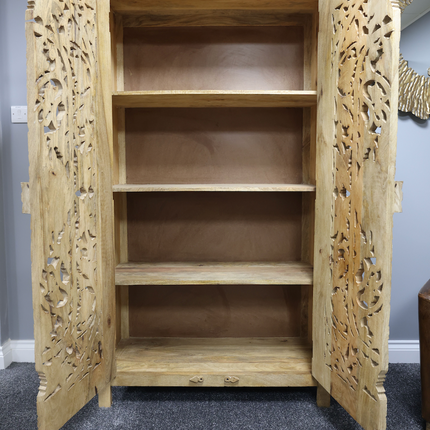 6ft tall ornate carved natural wood shelved storage cupboard