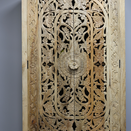 6ft tall ornate carved natural wood shelved storage cupboard