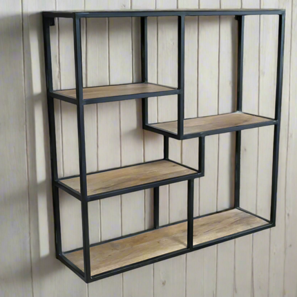 Square wood & metal wall shelf cabinet