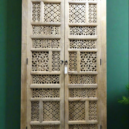 XL tall ornate carved mango wood shelved armoire cupboard