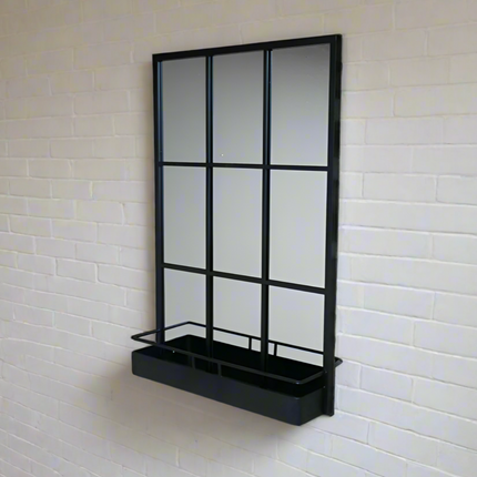 Black metal wall mirror with storage shelf