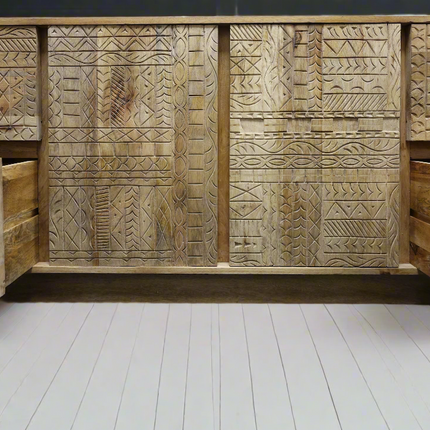 Large chunky carved natural wood sideboard