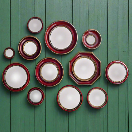 Set of 12 convex red & gold framed mirrors