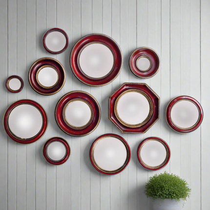 Set of 12 convex red & gold framed mirrors