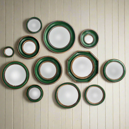 Set of 12 convex green & gold framed mirrors