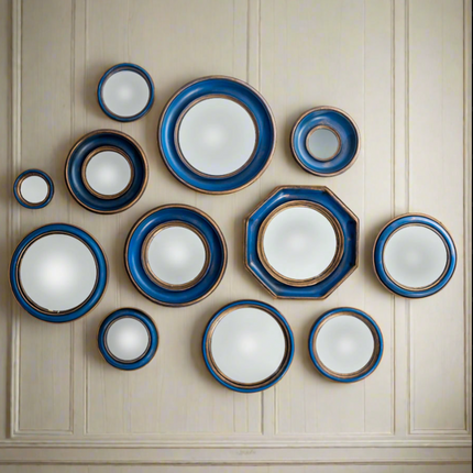 Set of 12 convex blue & gold framed mirrors