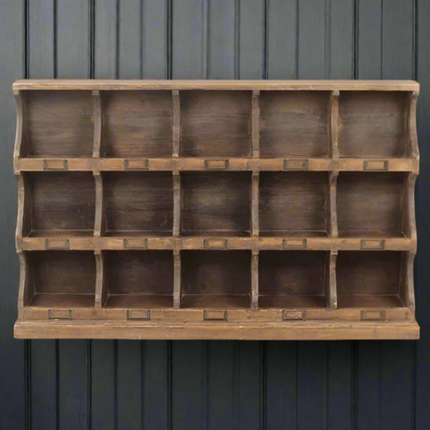 Rustic wood  multi compartment 15 pigeon hole wall storage cabinet