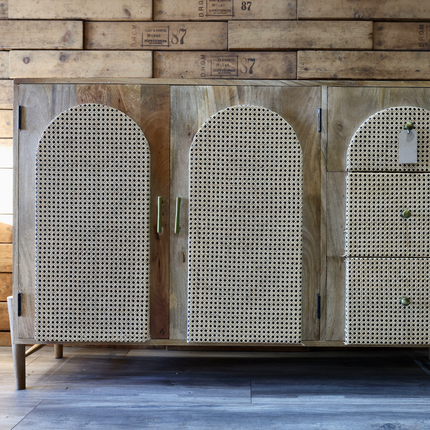 Rustic wood & rattan arch storage cabinet