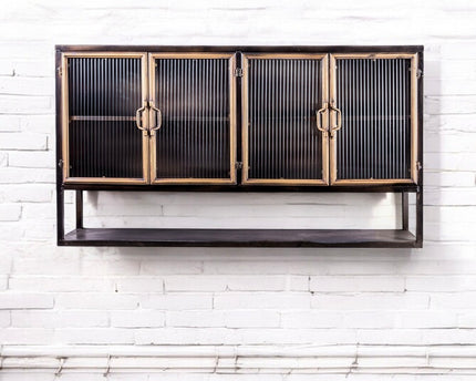 Black metal industrial wide wall storage cabinet with ribbed glass double doors - Back in stock Jan 25