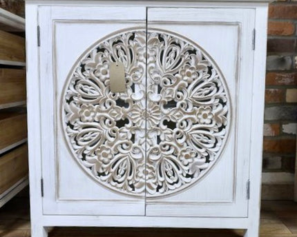 Bohemian rustic hand carved whitewashed storage cabinet