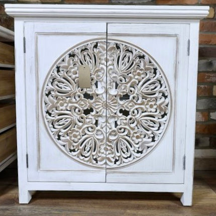 Bohemian rustic hand carved whitewashed storage cabinet