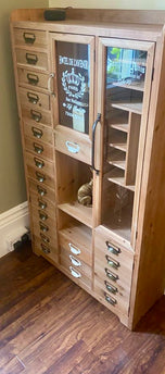 Tall slim rustic wood multi drawer storage display cabinet - Back in stock November