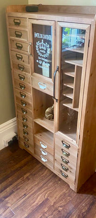 Tall slim rustic wood multi drawer storage display cabinet