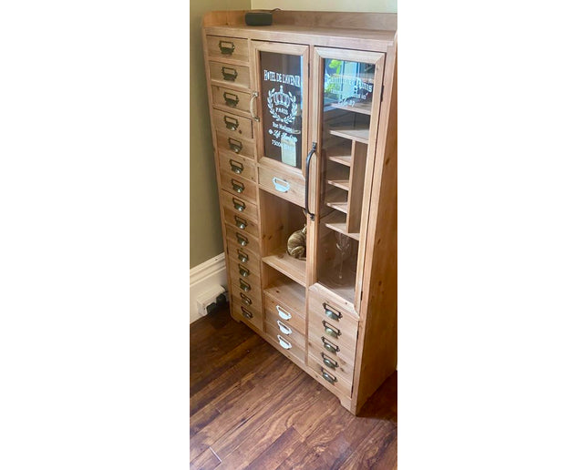 Tall slim rustic wood multi drawer storage display cabinet - Back in stock November