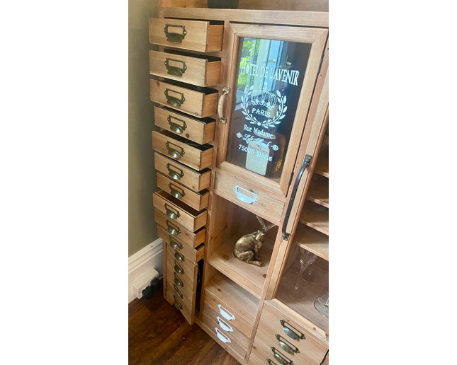 Tall slim rustic wood multi drawer storage display cabinet - Back in stock November